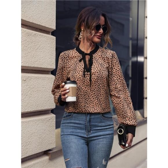 Animal Print Contrast Trim Tie Front Blouse - Picture 3 of 7